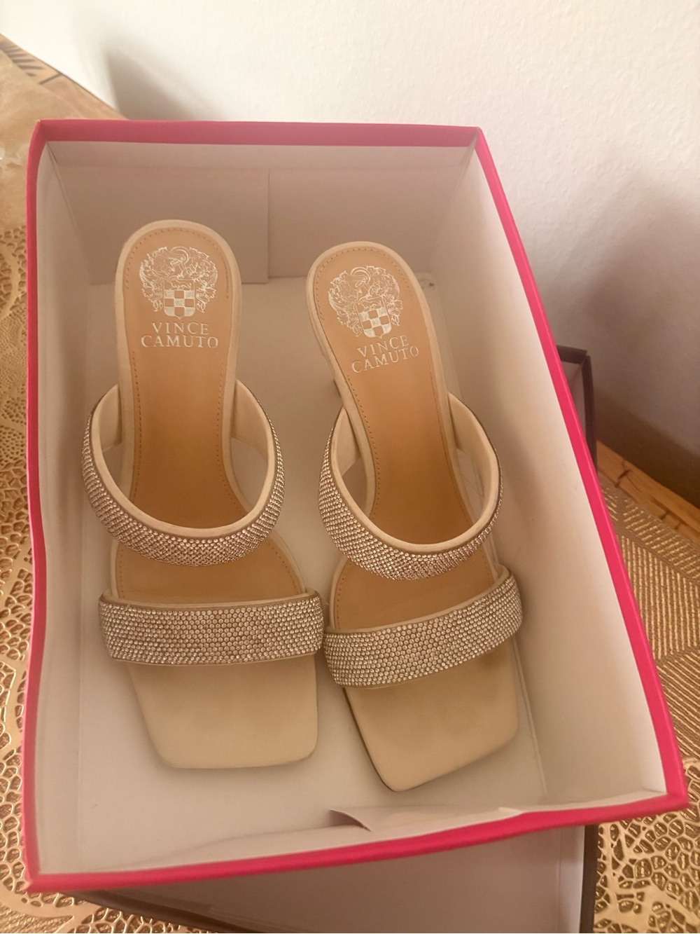 Vince Camuto Crystal Double-Strap milk Slide Heels